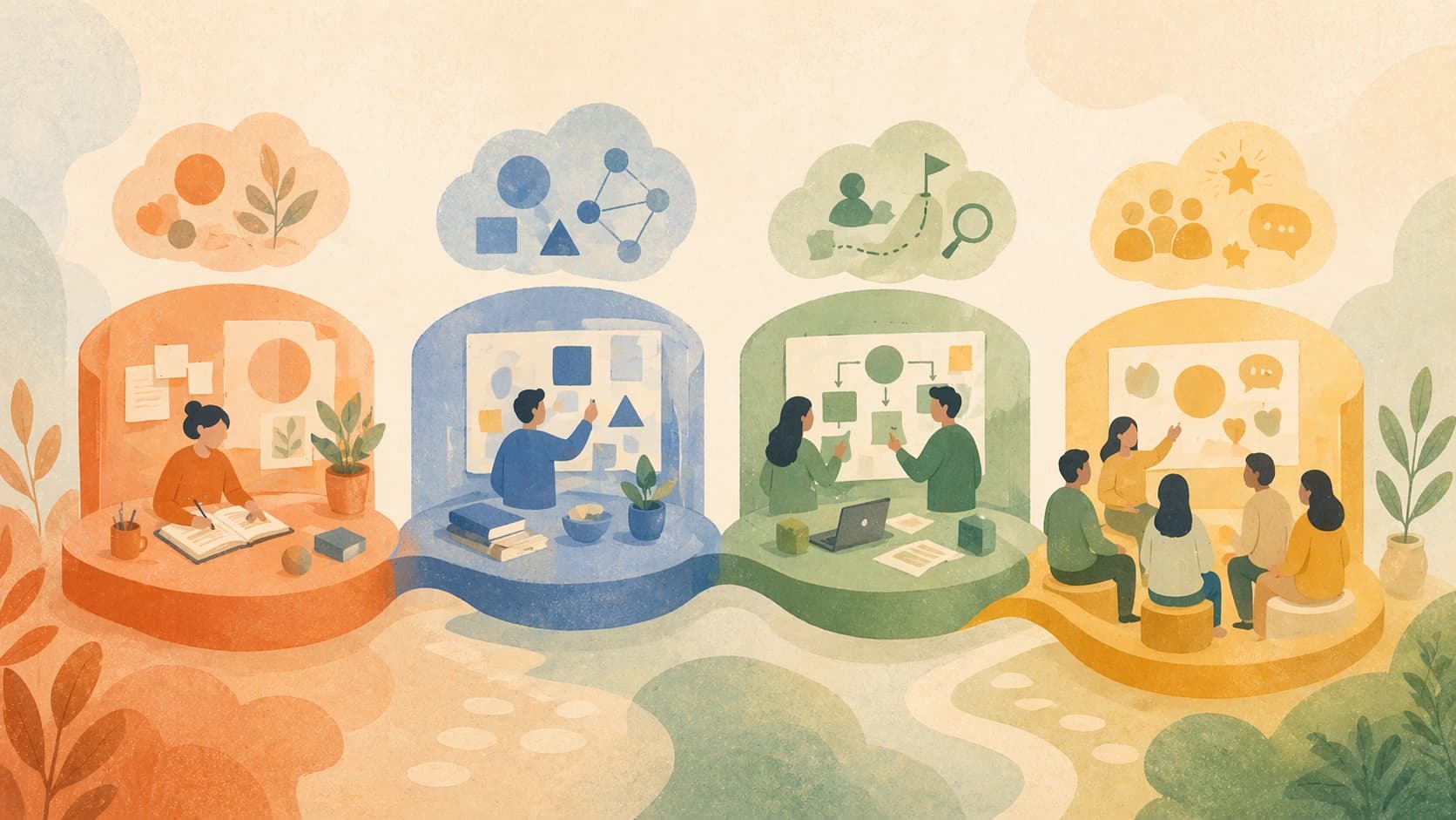 Four panels showing the facilitator path: foundations, practice, live work, and group facilitation.